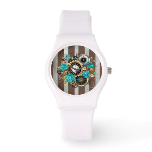 Steampunk Clock and Turquoise Roses on Striped Watch