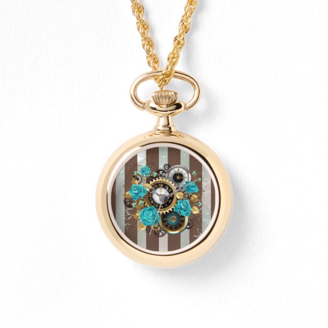Steampunk Clock and Turquoise Roses on Striped Watch (Front)