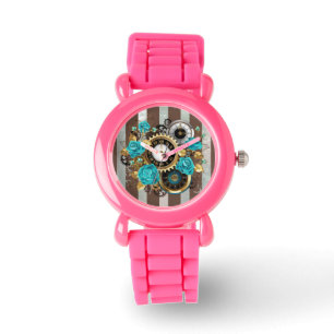 Steampunk Clock and Turquoise Roses on Striped Watch