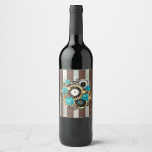 Steampunk Clock and Turquoise Roses on Striped Wine Label