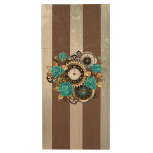 Steampunk Clock and Turquoise Roses on Striped Wood USB Flash Drive