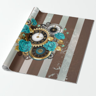 Steampunk Clock and Turquoise Roses on Striped Wrapping Paper