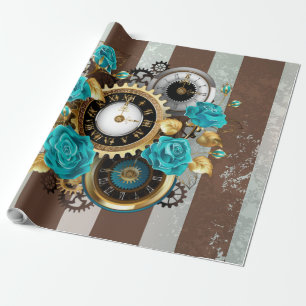 Steampunk Clock and Turquoise Roses on Striped Wrapping Paper