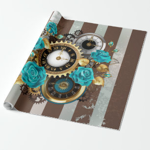 Steampunk Clock and Turquoise Roses on Striped Wrapping Paper