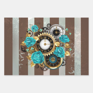 Steampunk Clock and Turquoise Roses on Striped Wrapping Paper Sheet