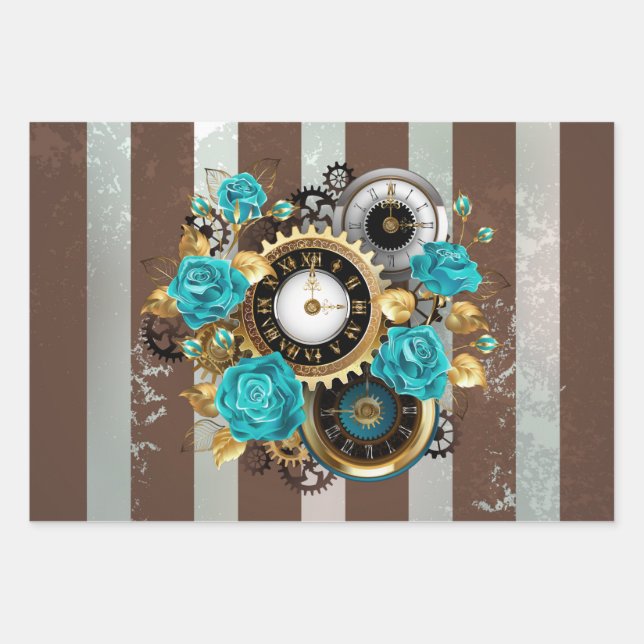 Steampunk Clock and Turquoise Roses on Striped Wrapping Paper Sheet (Front)