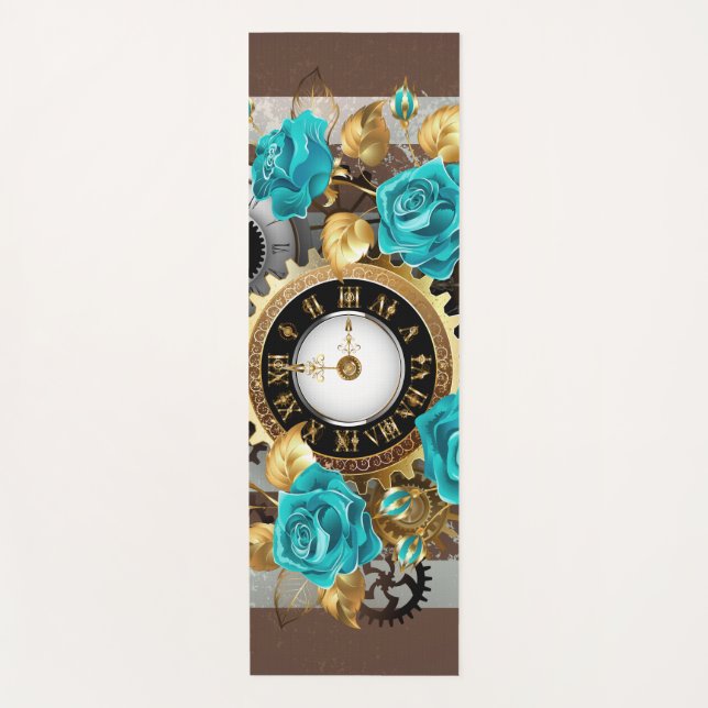 Steampunk Clock and Turquoise Roses on Striped Yoga Mat (Front)