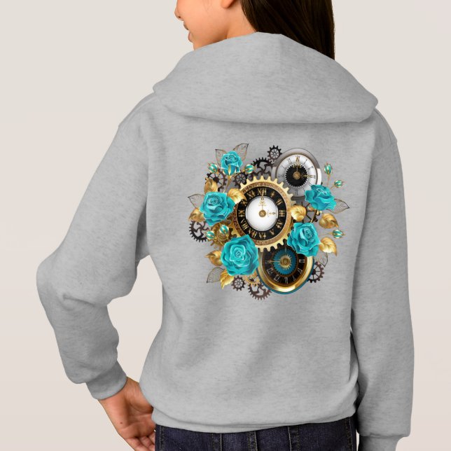 Steampunk Clock and Turquoise Roses on StriT-Shirt (Back)