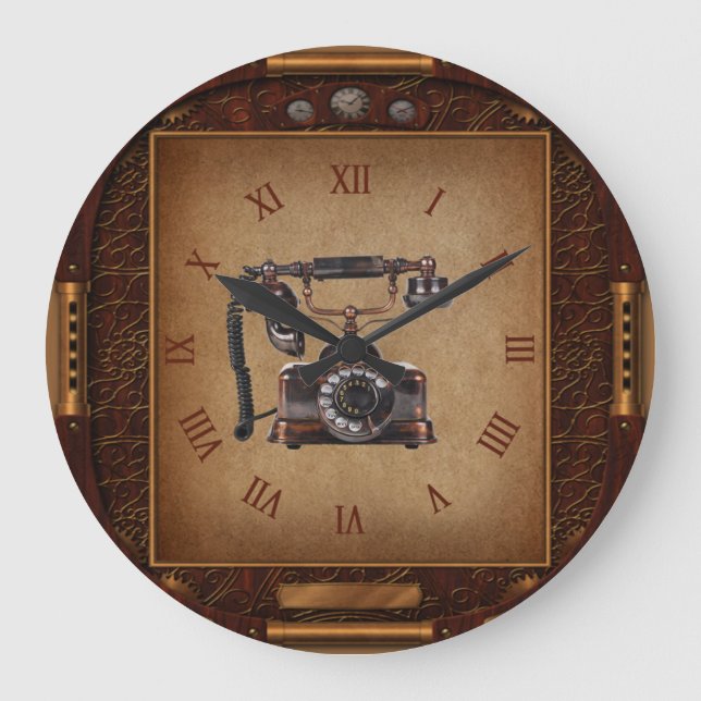 Steampunk Clock~Antique Telephone~Roman Numerals~  Large Clock (Front)