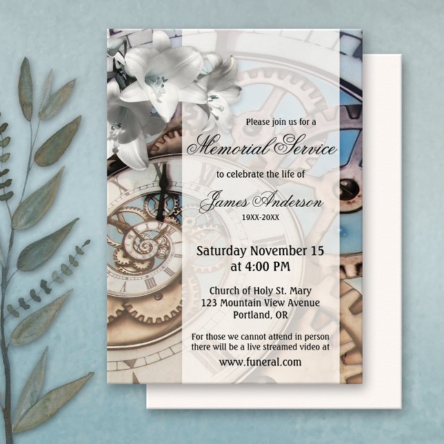 Steampunk Clock Funeral Memorial Service Invitation (Memorial, funeral service or celebration of life invitation featuring a steampunk clock design)
