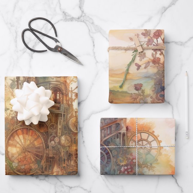 Steampunk Clock Gear Towers Wrapping Paper (Front)