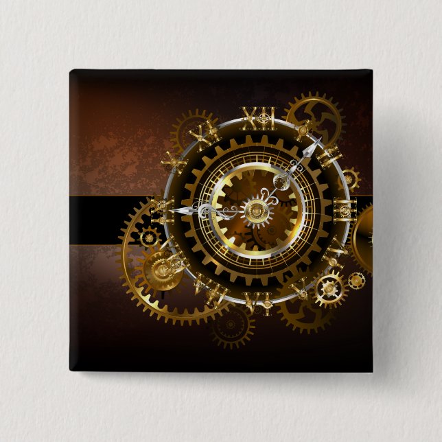 Steampunk clock with antique gears 15 cm square badge (Front)