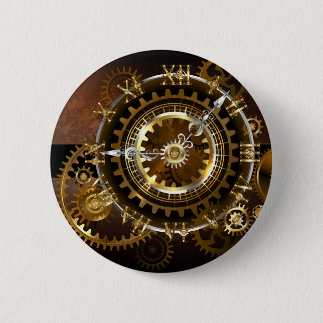 Steampunk clock with antique gears 6 cm round badge (Front)