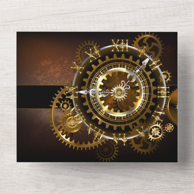 Steampunk clock with antique gears all in one invitation (Front)