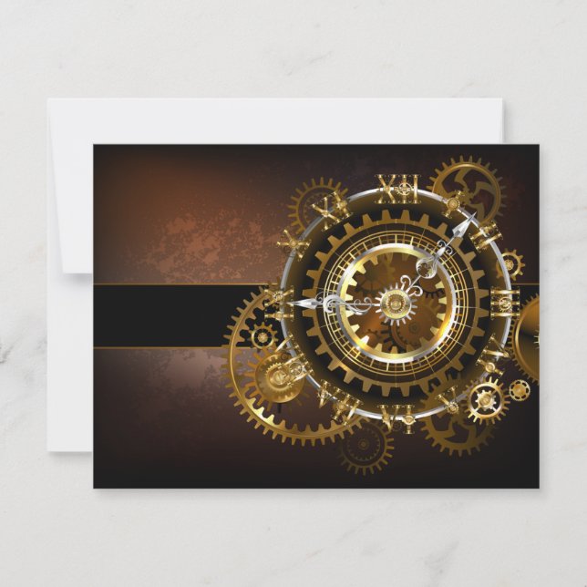 Steampunk clock with antique gears announcement (Front)