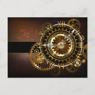 Steampunk clock with antique gears announcement postcard