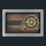 Steampunk clock with antique gears belt buckle<br><div class="desc">Antique,  fantastic watches with gold and brass gears on a brown,  rusty background. Steampunk style.</div>