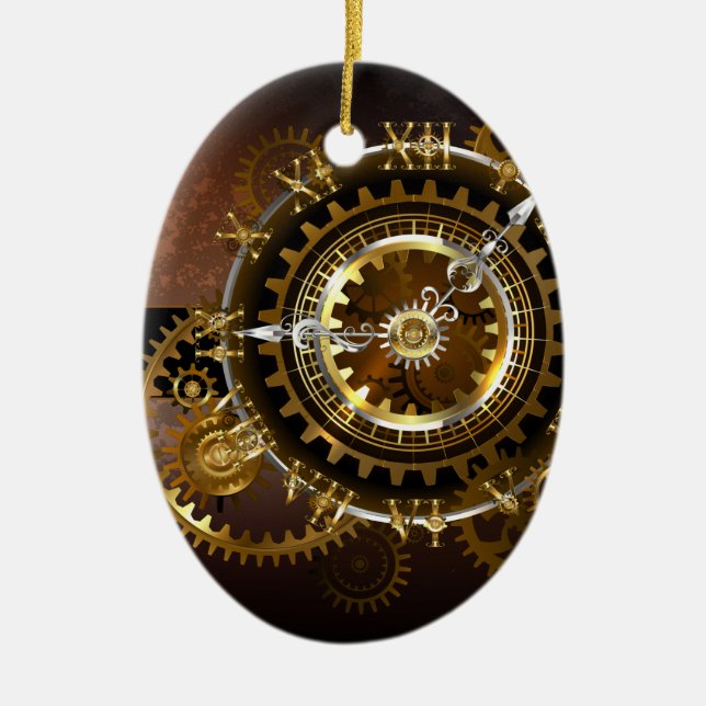 Steampunk clock with antique gears ceramic tree decoration (Front)