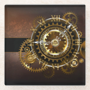 Steampunk clock with antique gears glass coaster