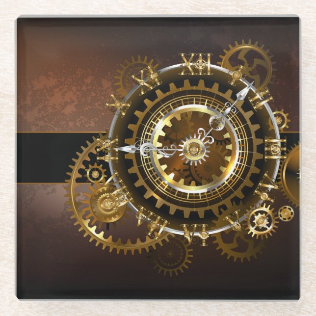Steampunk clock with antique gears glass coaster (Front)