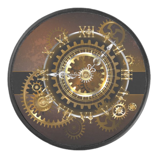 Steampunk clock with antique gears hockey puck (Front)