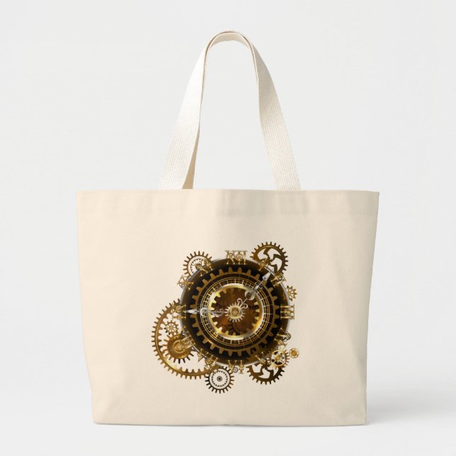 Steampunk clock with antique gears large tote bag (Front)