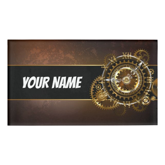 Steampunk clock with antique gears name tag (Front)