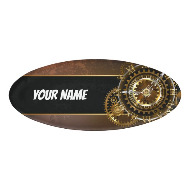 Steampunk clock with antique gears name tag (Front)