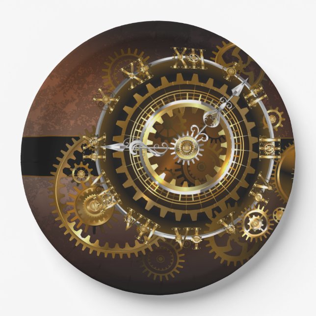 Steampunk clock with antique gears paper plate (Front)
