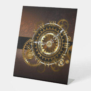 Steampunk clock with antique gears pedestal sign