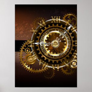 Steampunk clock with antique gears poster