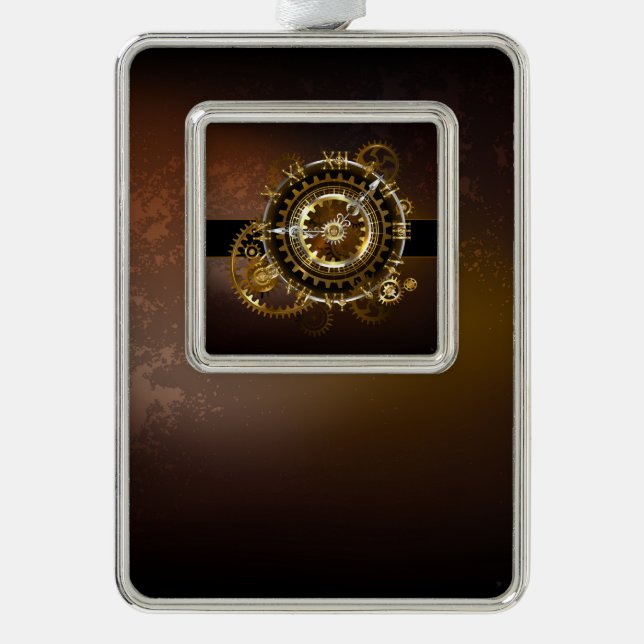 Steampunk clock with antique gears silver plated framed ornament (Front)