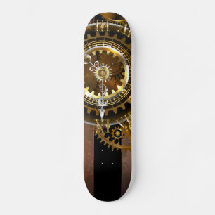 Steampunk clock with antique gears skateboard