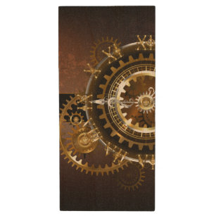 Steampunk clock with antique gears wood USB flash drive