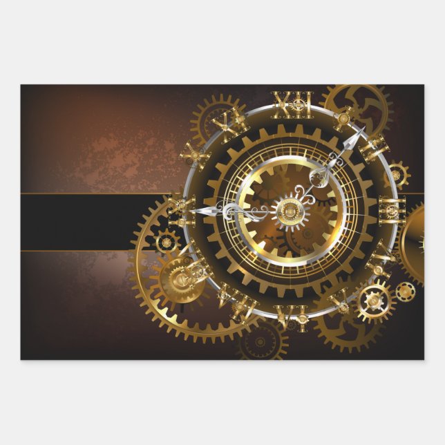 Steampunk clock with antique gears wrapping paper sheet (Front)