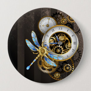 Steampunk Clock with Mechanical Dragonfly 10 Cm Round Badge