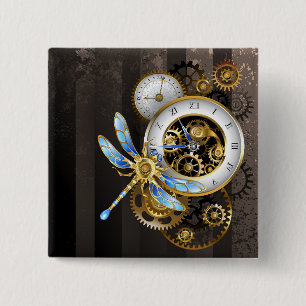 Steampunk Clock with Mechanical Dragonfly 15 Cm Square Badge