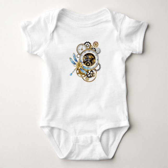 Steampunk Clock with Mechanical Dragonfly Baby Bodysuit (Front)