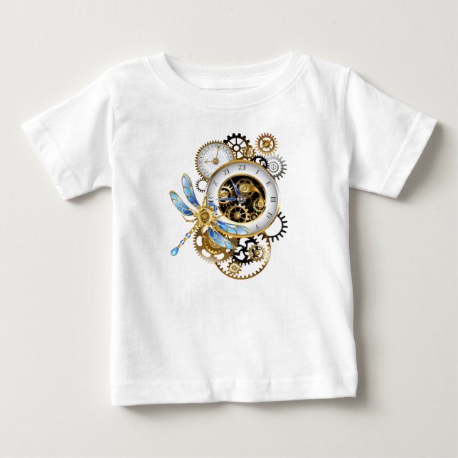 Steampunk Clock with Mechanical Dragonfly Baby T-Shirt (Front)