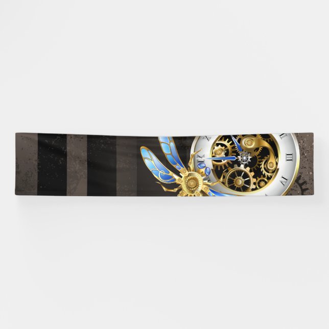 Steampunk Clock with Mechanical Dragonfly Banner (Horizontal)