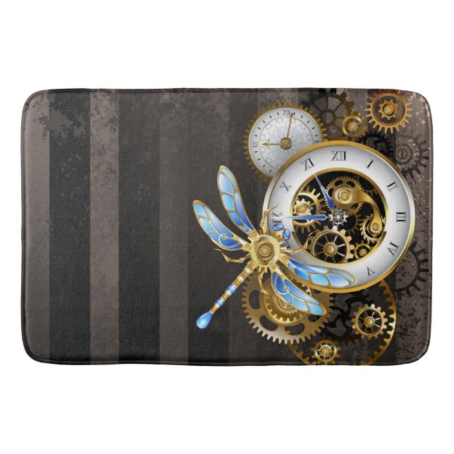 Steampunk Clock with Mechanical Dragonfly Bath Mat (Front)