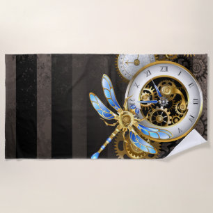 Steampunk Clock with Mechanical Dragonfly Beach Towel