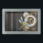 Steampunk Clock with Mechanical Dragonfly Belt Buckle<br><div class="desc">Antique dials with gold and brass gears,  decorated with mechanical dragonfly on brown,  striped background. Steampunk.</div>