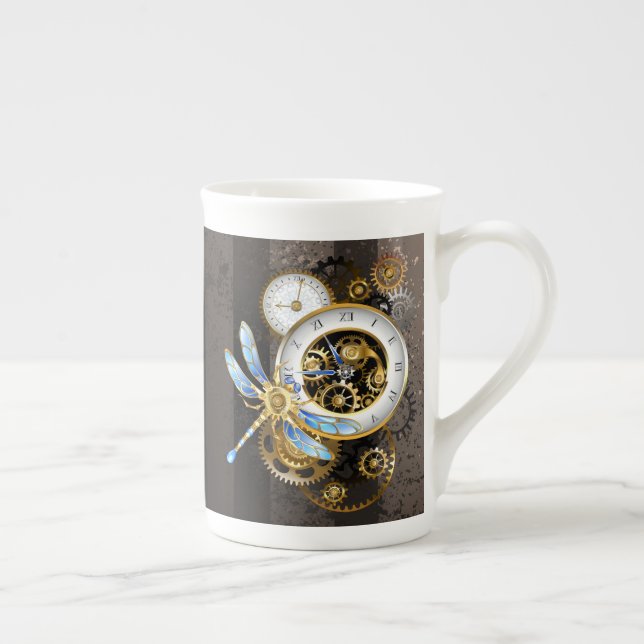 Steampunk Clock with Mechanical Dragonfly Bone China Mug (Right)