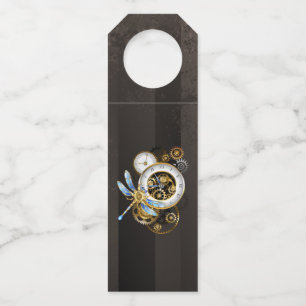 Steampunk Clock with Mechanical Dragonfly Bottle Tag