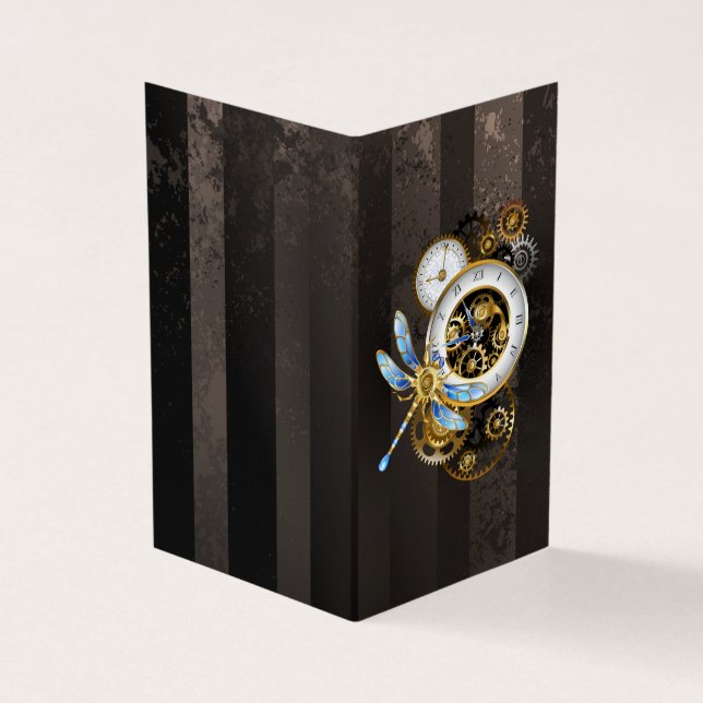 Steampunk Clock with Mechanical Dragonfly Business Card (Outside)