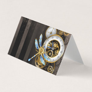Steampunk Clock with Mechanical Dragonfly Business Card