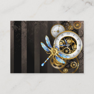 Steampunk Clock with Mechanical Dragonfly Calling Card