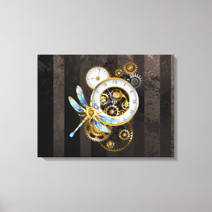 Steampunk Clock with Mechanical Dragonfly Canvas Print