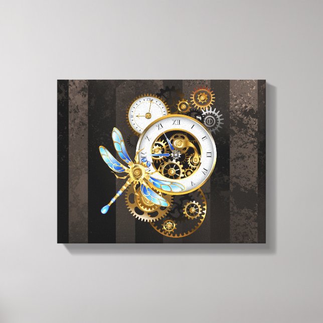 Steampunk Clock with Mechanical Dragonfly Canvas Print (Front)